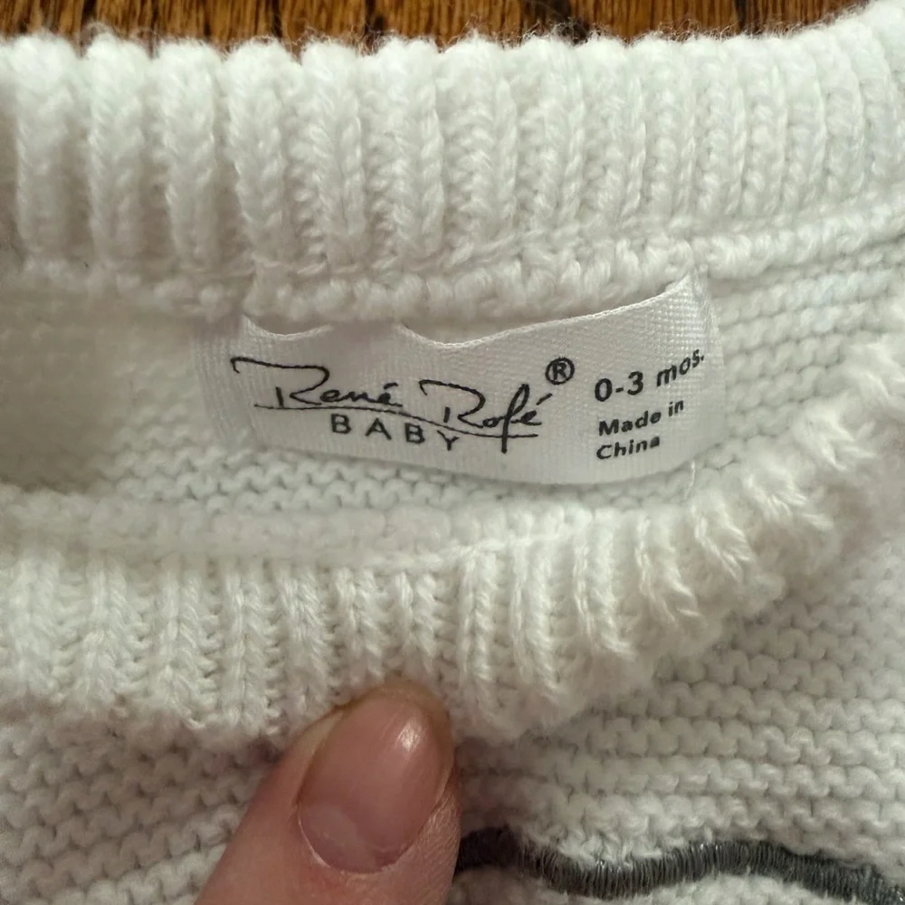 Rene Rofe Baby 0-3 Month White Gray Elephant 2 Pc Sweater and Striped Pants Set